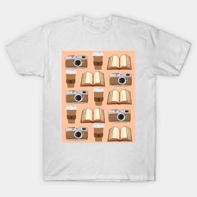 Camera, Coffee, and Books Pattern T-Shirt by casualism